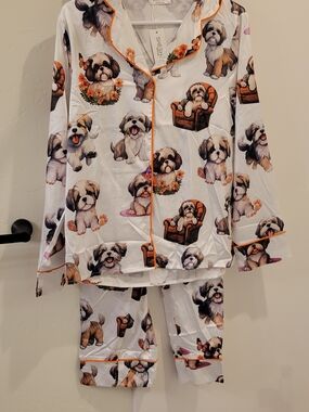 NwT Shitzu Womens White Puppy Print Pajama Set with Orange Trim